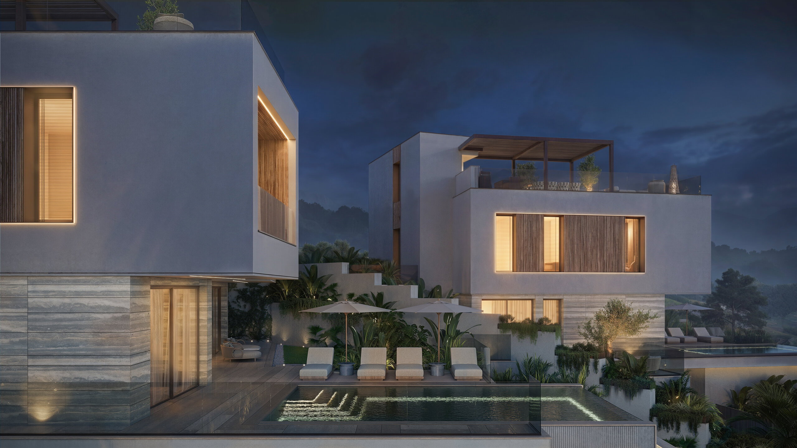 Villa exterior at night 2