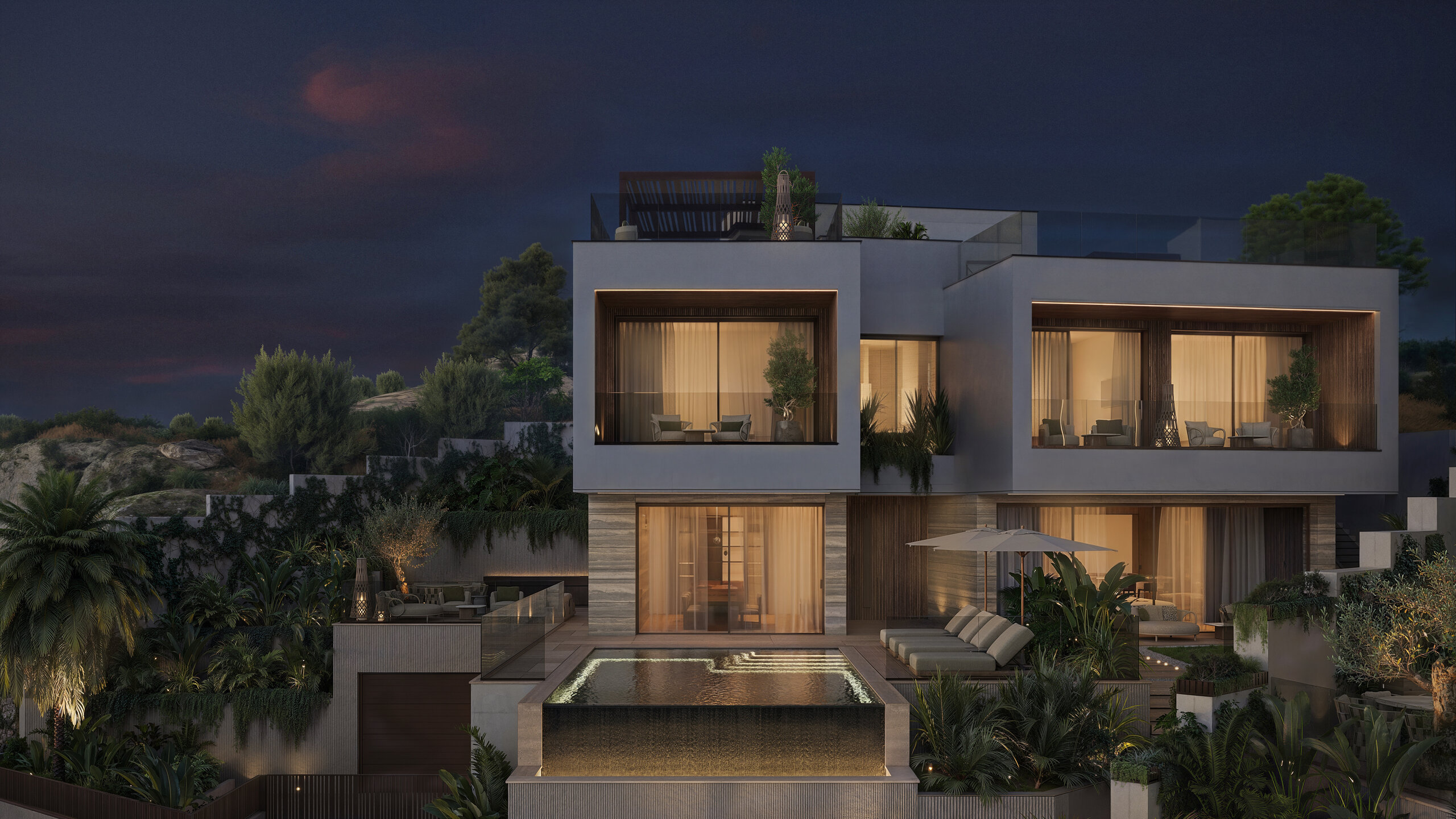 Villa exterior at night 1